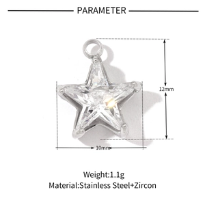 Detail showing 12mm stainless steel star pendant with zircon and product parameters