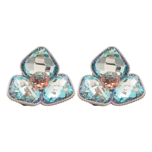 Diamond flower triangle earrings with blue-green crystals and silver woven border