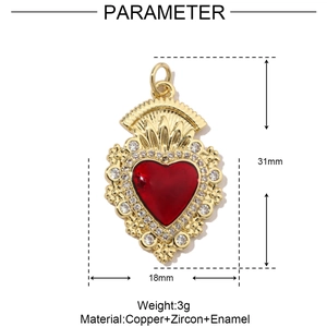 Detailed dimensions of red heart enamel pendant with cubic zirconia and copper base