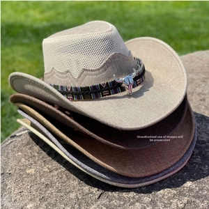Detail of outdoor cowboy hats with breathable mesh, ethnic woven band and metal bull charm