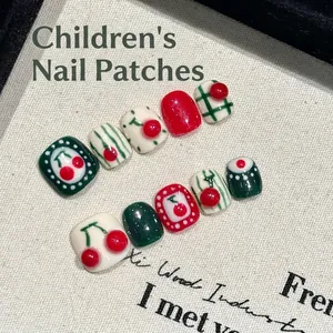 Kids Press On Nails Cute 3D Cherry Design Plaid Polka Dot Resin Square Head Artificial False Fingernails For Girls