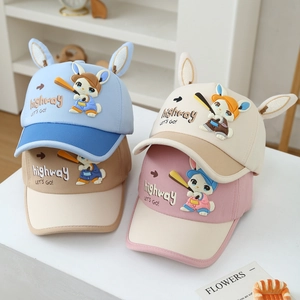 Kids Cartoon Rabbit Baseball Cap With 3D Ears Cotton Blend Adjustable Sunshade Outdoor Hat For Boys Girls Toddler