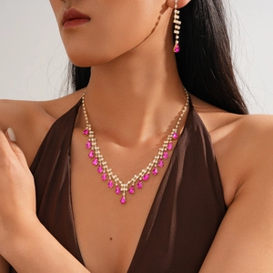 Water Drop Tassel Necklace And Earrings Copper Rhinestone Teardrop Crystal Jewelry Elegant Party For Women