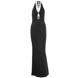 Detail of elegant black sequin evening gown with halter neck and keyhole cutout design