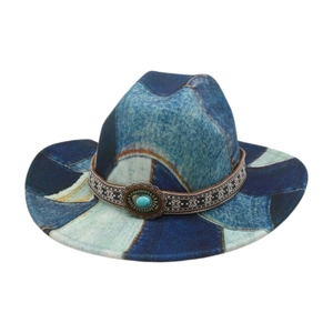 Cowboy Hat Patchwork Denim Turquoise Ethnic Band Vintage Western Style Wide Brim Jazz Sun Hat For Travel Photography