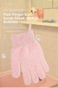 Detailed texture of pink exfoliating bath glove showing high lather mesh fiber material