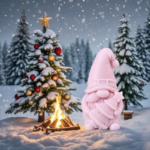 Pink Christmas gnome candle holding a tree with snowy festive background