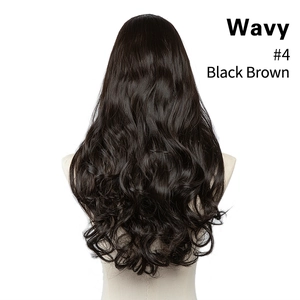 Back view of long wavy hair extension in black brown shade on mannequin stand