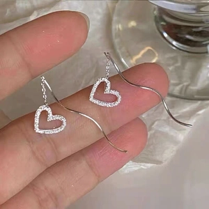 S925 Sterling Silver Hollow Heart Tassel Ear Line Earrings Light Luxury Rhinestone Threader Earrings For Women Fashion Jewelry