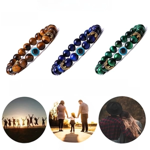 Natural turquoise bead bracelet with evil eye and crown charms, 8mm stone beads
