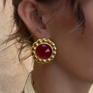 Vintage gold stainless steel earrings with large red round agate stone in sunflower design
