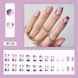 Short square press on nails set with purple daisy floral designs and French tips
