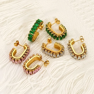 U-shaped gold plated stainless steel hoop earrings with colorful rectangular zircons