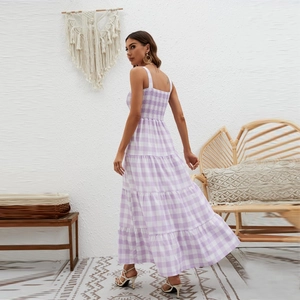 Detail view of purple checkered backless tiered maxi dress showing the open back design