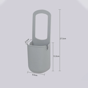Gray silicone multipurpose stroller cup holder with drainage holes and size dimensions