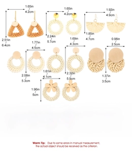 Detailed size specifications for bohemian rattan earrings in various geometric shapes
