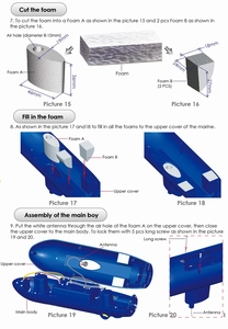 Detailed assembly steps showing foam installation and main body antenna setup for submarine toy