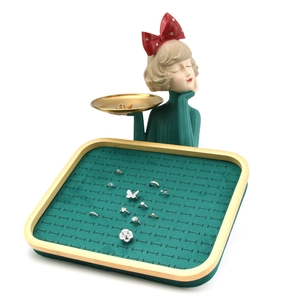 Bamboo jewelry organizer set with vintage green ring tray and girl figurine display