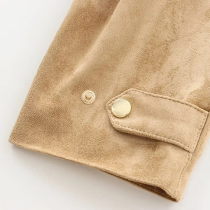 Short brown faux suede moto jacket for women featuring stylish gold snap button cuffs