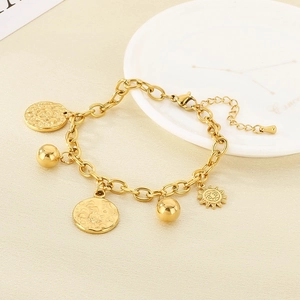 Retro 18K gold plated stainless steel sun and coin pendant chunky chain bracelet