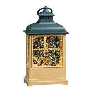 Vintage Christmas lantern with warm glow, miniature church scene and swirling glitter effects