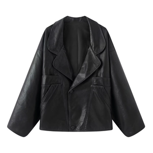 Chic black PU leather jacket featuring a wide lapel and three-button front closure
