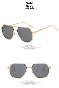 Detail view of gold frame pilot sunglasses with gray lenses and double bridge design