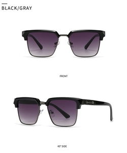 Front and 45-degree views of black/gray square rimmed sunglasses with purple gradient lenses