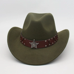 Olive green felt western cowboy hat with brown leather band and silver star shield emblem