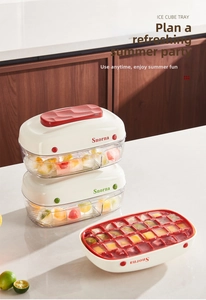 Close-up of portable ice cube mold set with storage box and red decorative lid lid