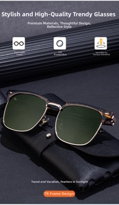 Detail of half-frame polarized sunglasses with TR frame on a leather case