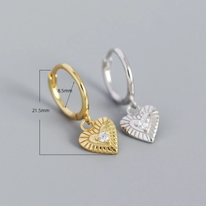 S925 silver heart dangle earrings with zircon in gold and silver, 21.5mm length