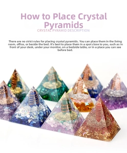 Set of 7 colorful crystal resin energy pyramids with metal spiral coils and gemstone chips