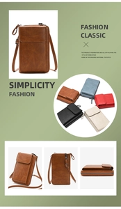 Collage of retro PU leather crossbody phone bags in brown, blue, red, black, and beige