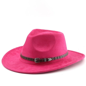 Classic magenta felt cowboy hat with wide brim and brown leather belt buckle accessory