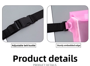 Detail of pink waterproof pouch with adjustable waist strap and reinforced edge seams