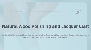 Close-up of birch wood makeup brush handle with blue cloud marble texture and glossy lacquer
