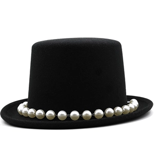 Vintage Top Hat Woolen Felt Magician Hat With Artificial Pearl Chain Leather Belt Feathers For Stage Party Performance Unisex