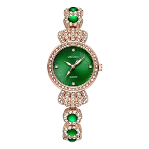 Elegant rose gold ladies quartz watch with green dial and sparkling gem embellishments