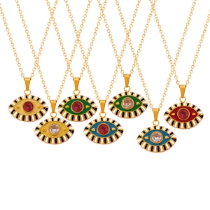 Hip hop evil eye pendant necklace in gold stainless steel with colorful enamel and crystals