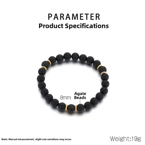 Detail of 8mm black onyx and lava stone beaded bracelet with golden metal spacers