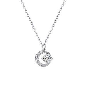 Polished S999 sterling silver crescent moon necklace with sparkling moissanite stone