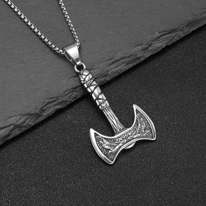 Nordic Viking double axe pendant necklace in stainless steel with eagle relief pattern