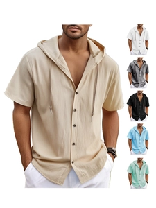 Detail view of cotton linen hooded short sleeve shirts in multiple solid colors for men