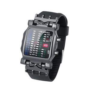 Binary LED sports watch in crab-inspired black design with silicone strap and date display