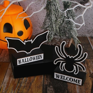Halloween wooden bat and spider tabletop decorations with Halloween and Welcome text