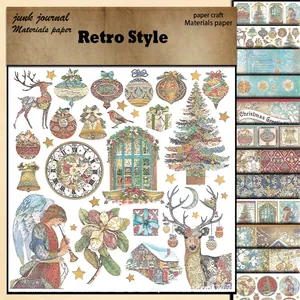 Retro Christmas scrapbooking paper with vintage reindeer, angels, and holiday illustrations