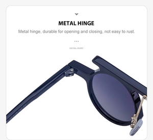 Close-up of the durable silver metal hinge and frame details on black round sunglasses