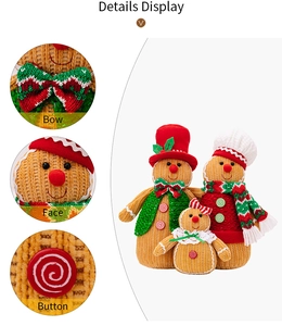 Detailed close-up of bow, face, and button stitching on gingerbread plush Christmas decor