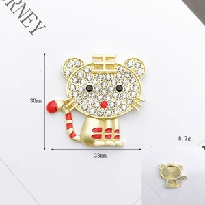 Golden tiger brooch with rhinestones and red enamel, 30mm x 33mm size details shown